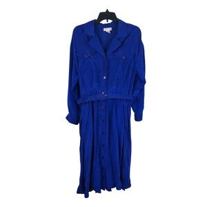 VTG 90s Talbots 100% Silk Midi Belted Button Front Dress Size 12 Blue [read]